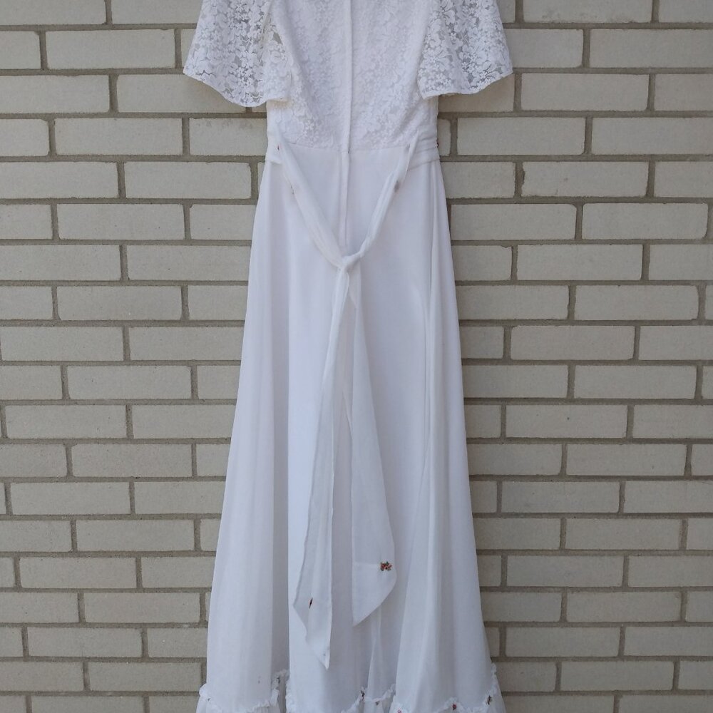 Vintage White Party Dress 29" Bust Bridal Gown Lace Flounce Sleeves Pink Flowers - Picture 3 of 15